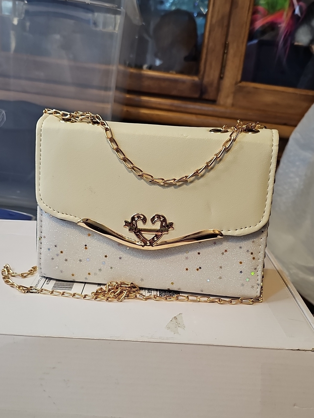 Cream Glitter Star Accent Crossbody Clutch with Gold Chain